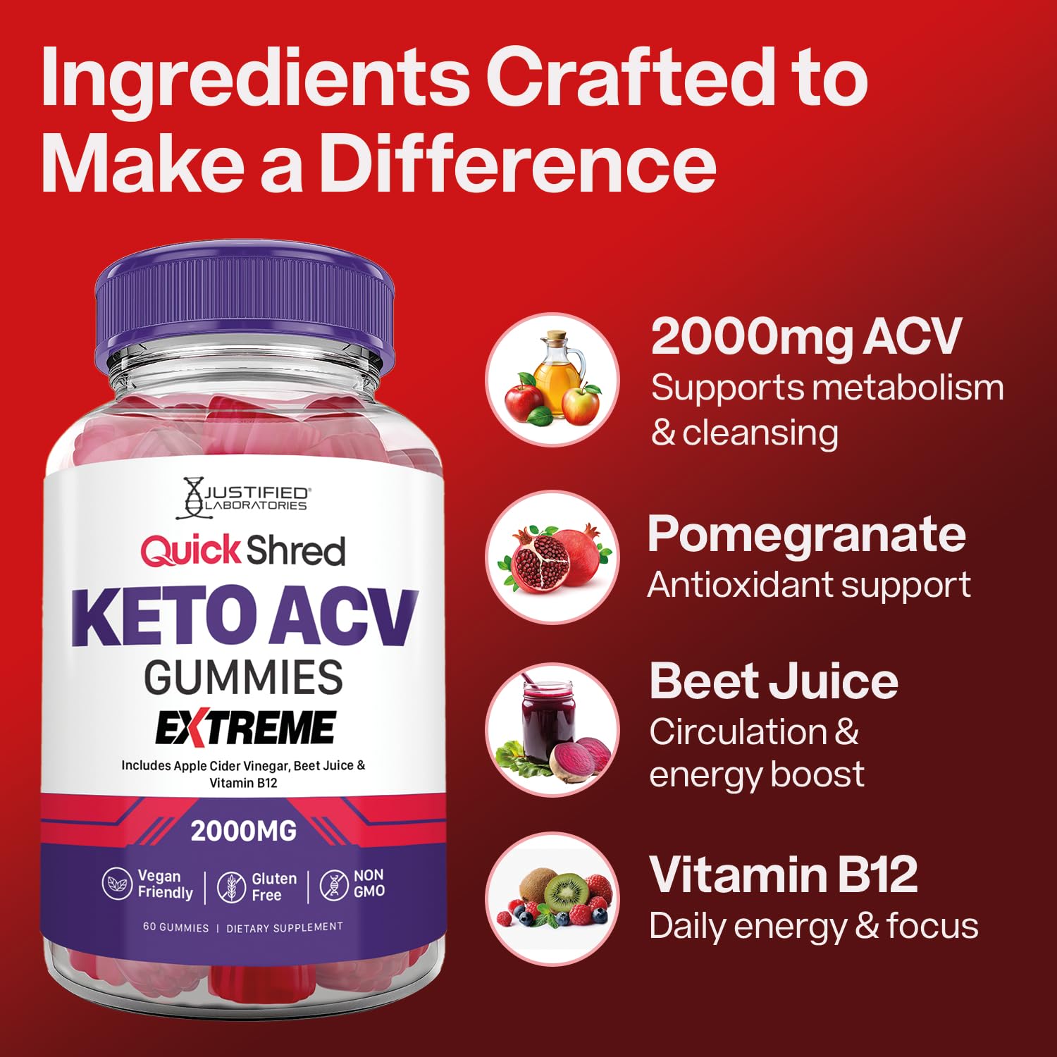 Justified Laboratories Quick Shred Keto ACV Gummies texture close-up showing soft chew