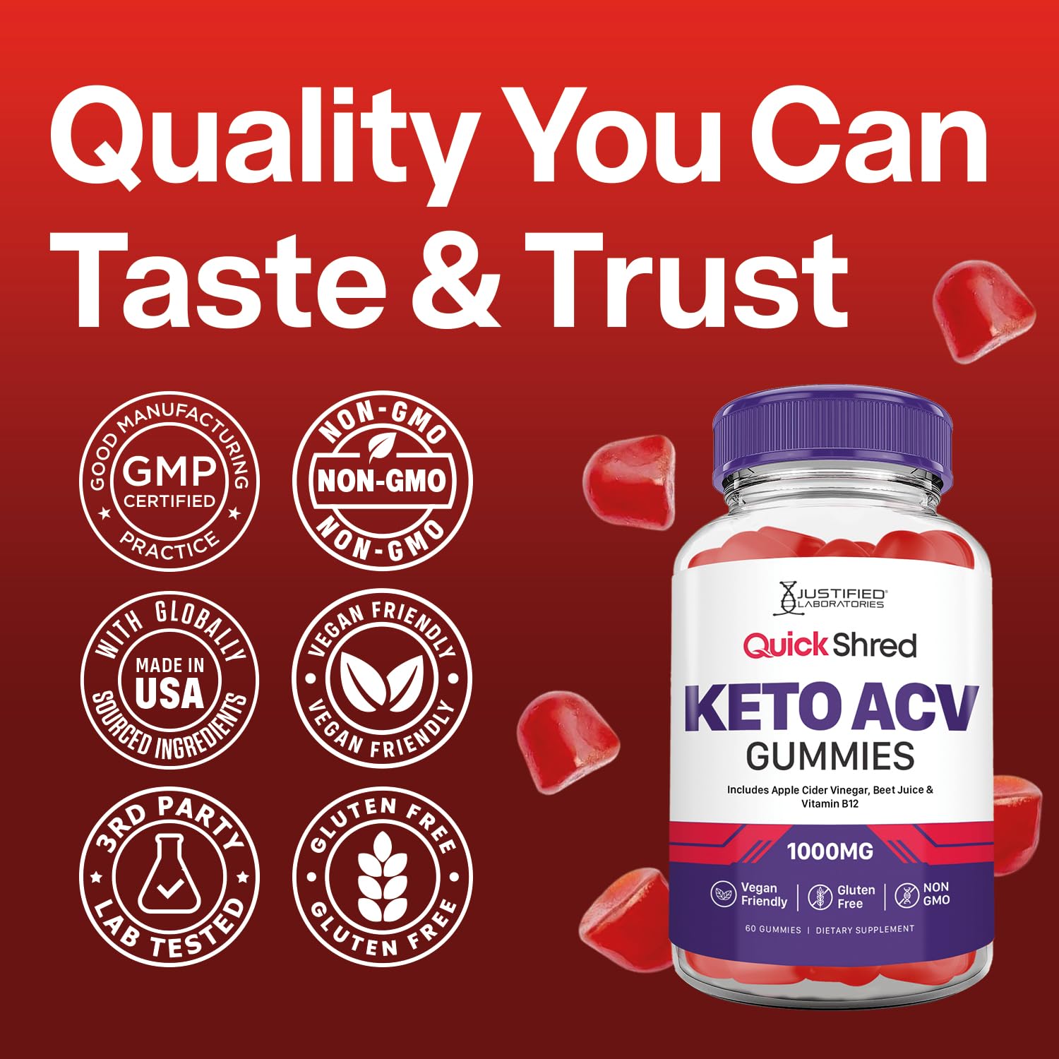 Justified Laboratories label focused on B12 for energy in a vegan formula.