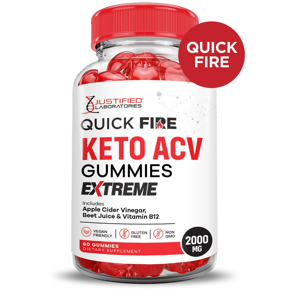 Justified Laboratories Quick Fire Keto Gummies closeup highlights glossy gummies and chewy texture.