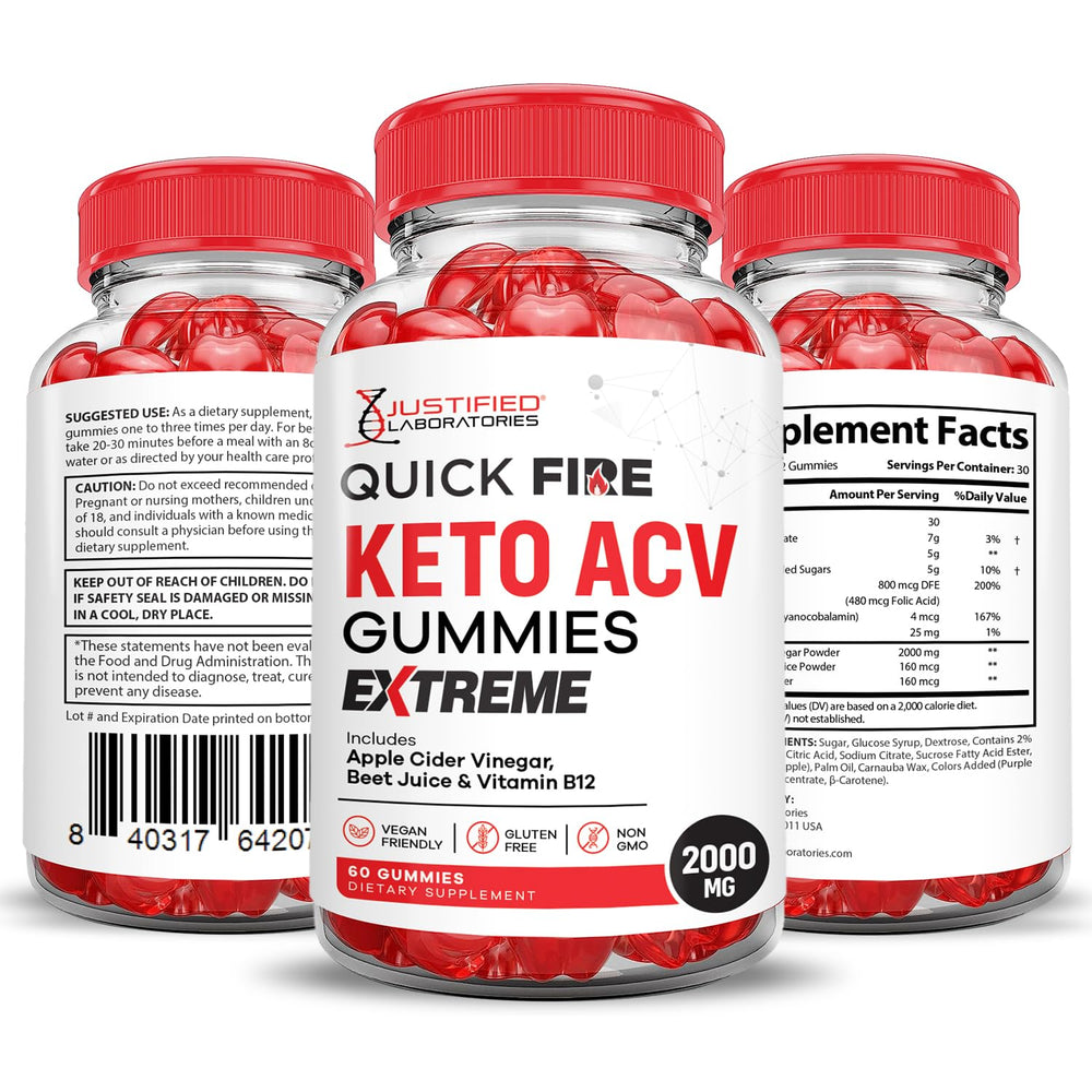 Justified Laboratories Quick Fire Keto Gummies bottle with ACV emphasis and benefits.