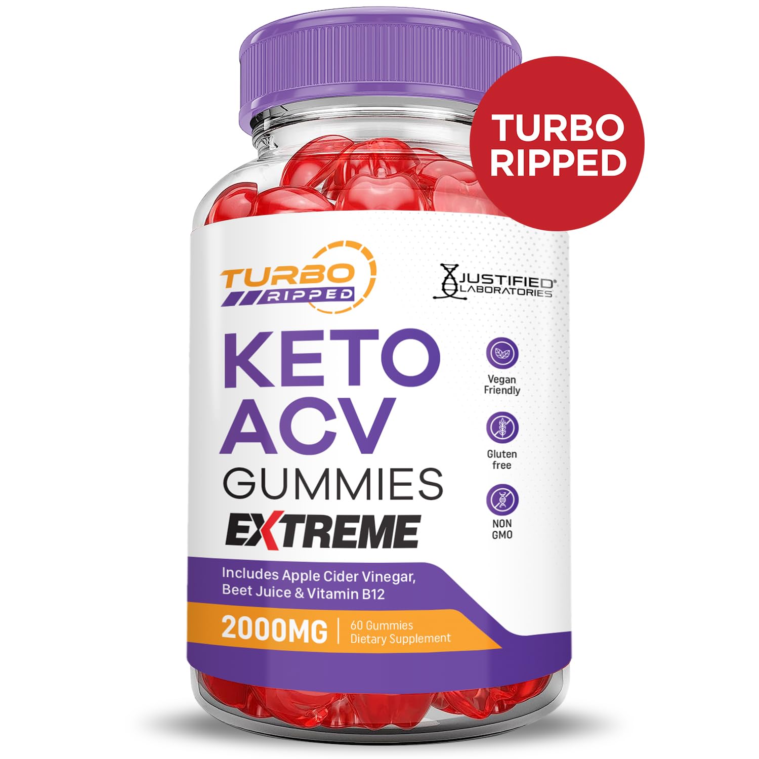 Justified Labs Turbo Ripped Keto ACV Gummies ingredients highlight beet juice, pomegranate, and B12