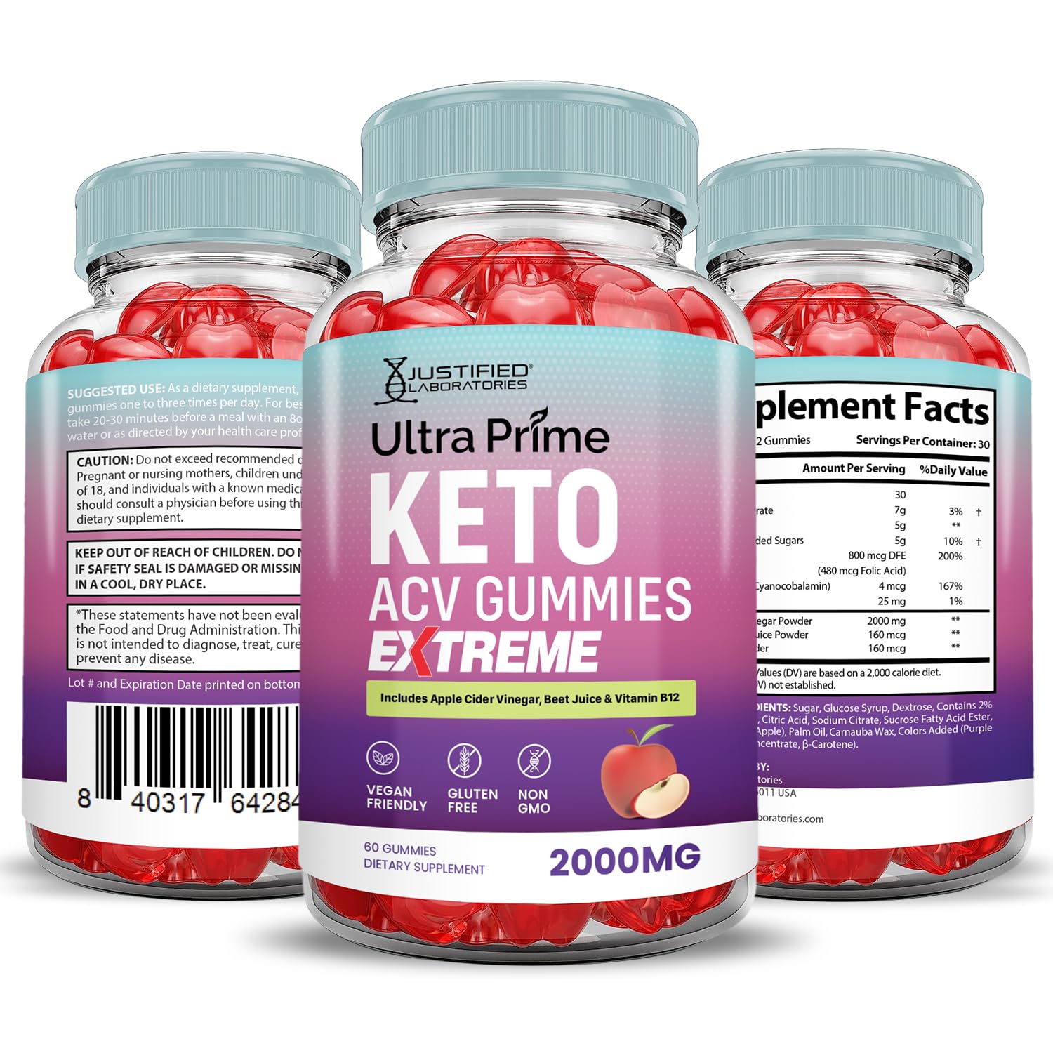 Justified Laboratories Ultra Prime Keto ACV Gummies bottle 60-count emphasizes convenient daily serving