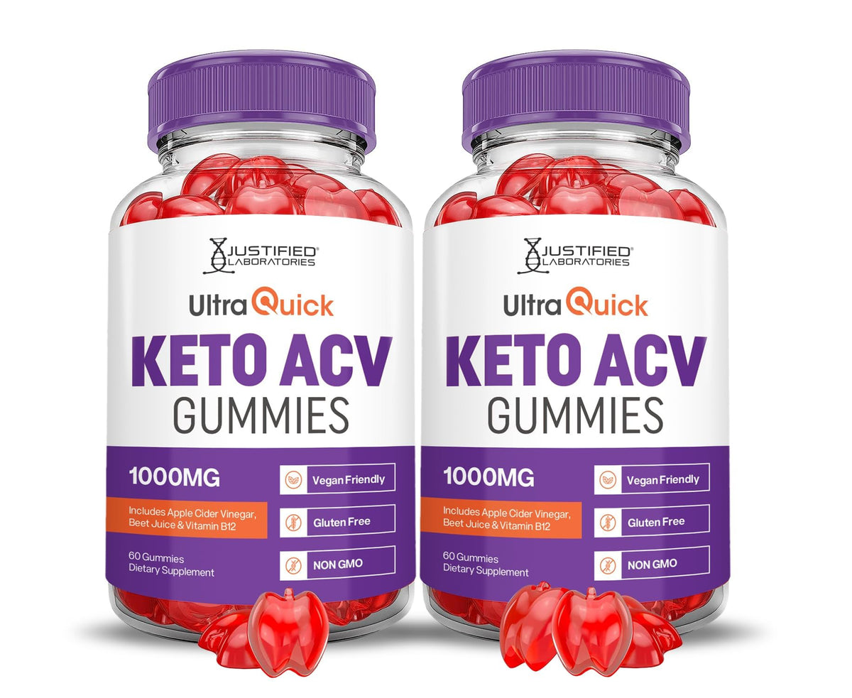 Justified Laboratories Ultra Quick Keto ACV Gummies pack-front shows two bottles for convenient daily use