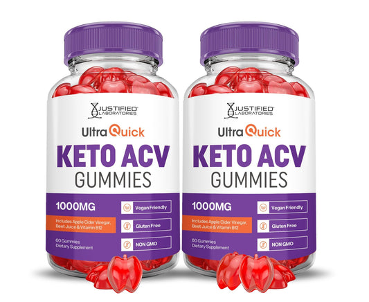 Justified Laboratories Ultra Quick Keto ACV Gummies pack-front shows two bottles for convenient daily use