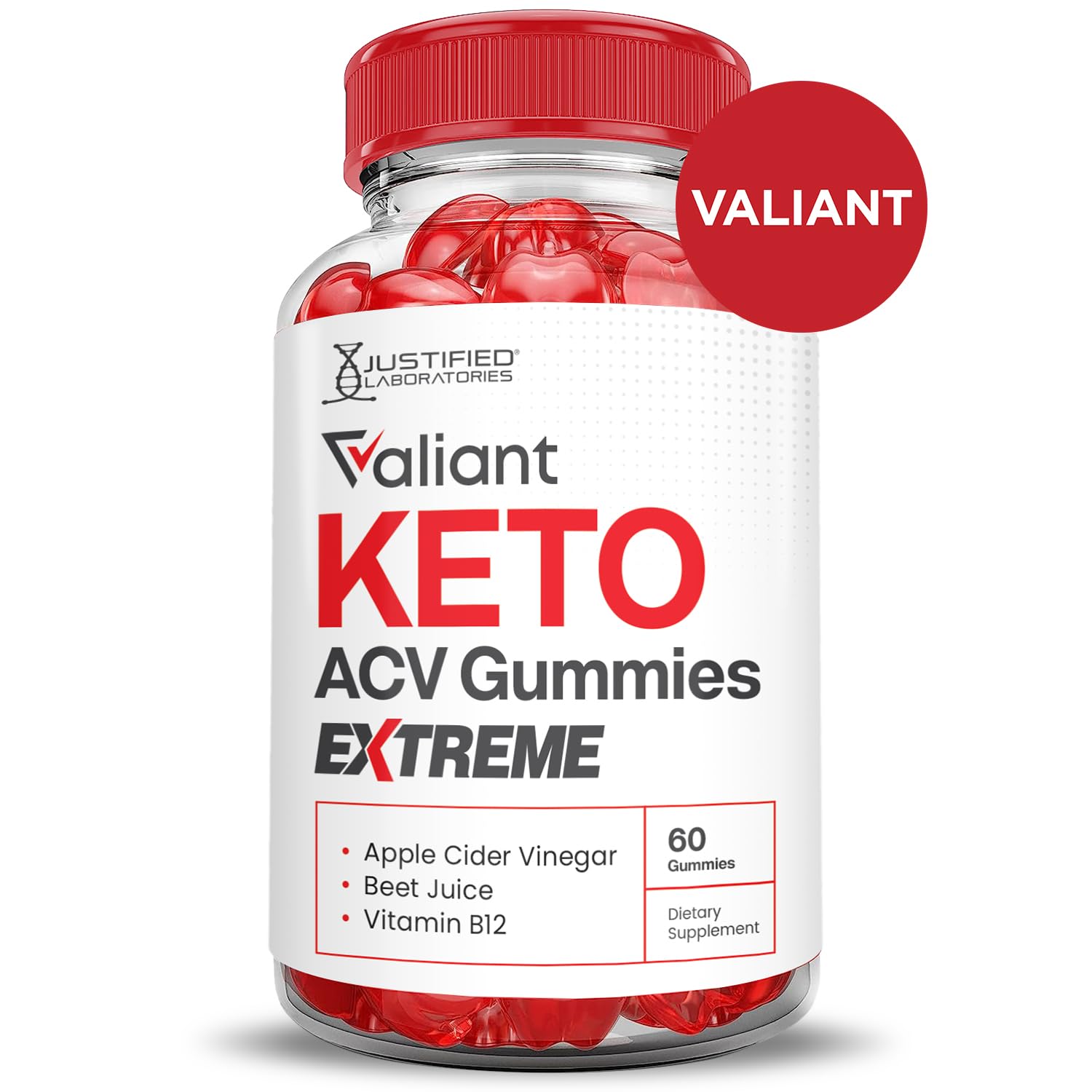 Justified Laboratories Valiant Keto ACV Gummies ingredients packaging, beet juice and pomegranate