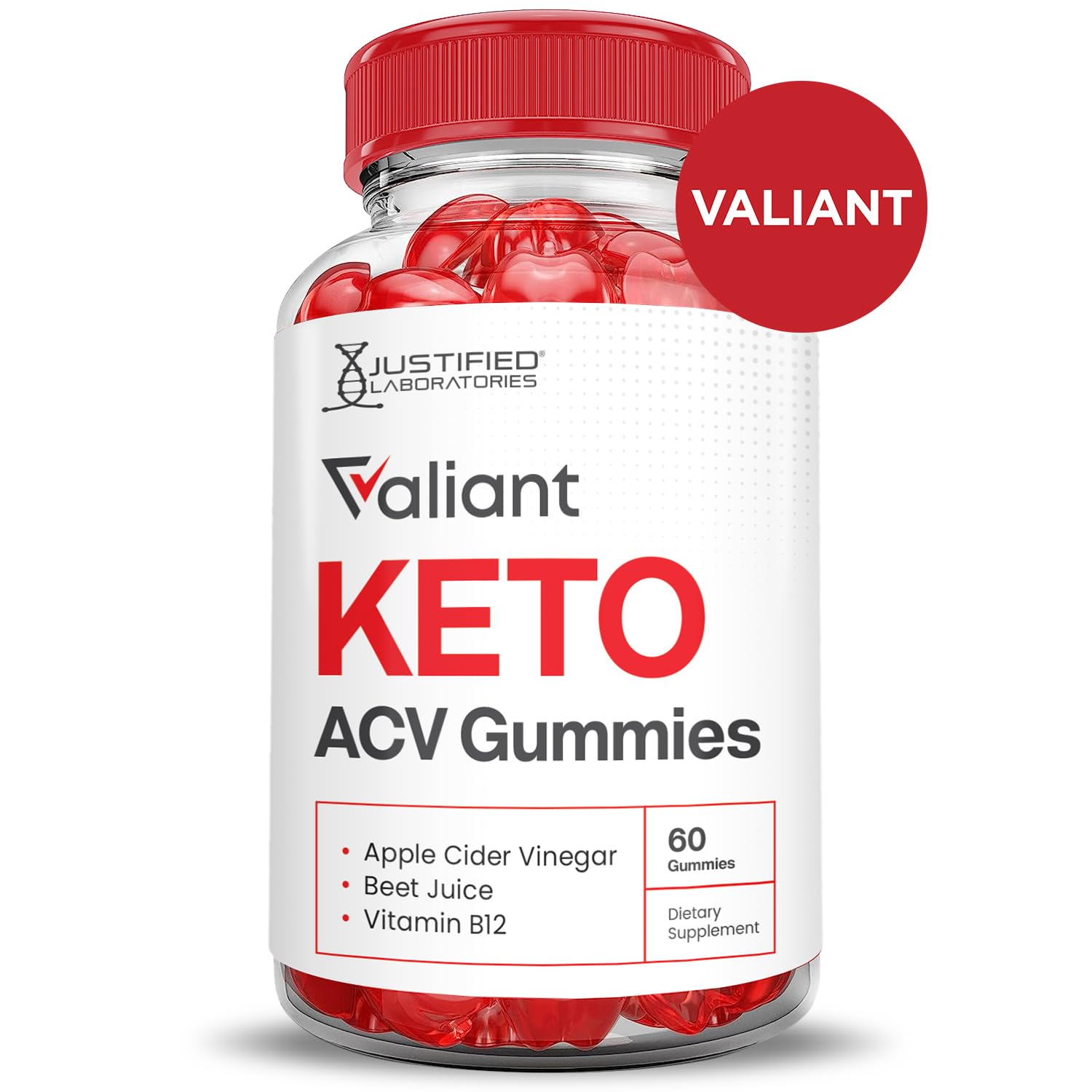 Justified Laboratories Valiant Keto ACV gummies ingredients with beet juice and B12