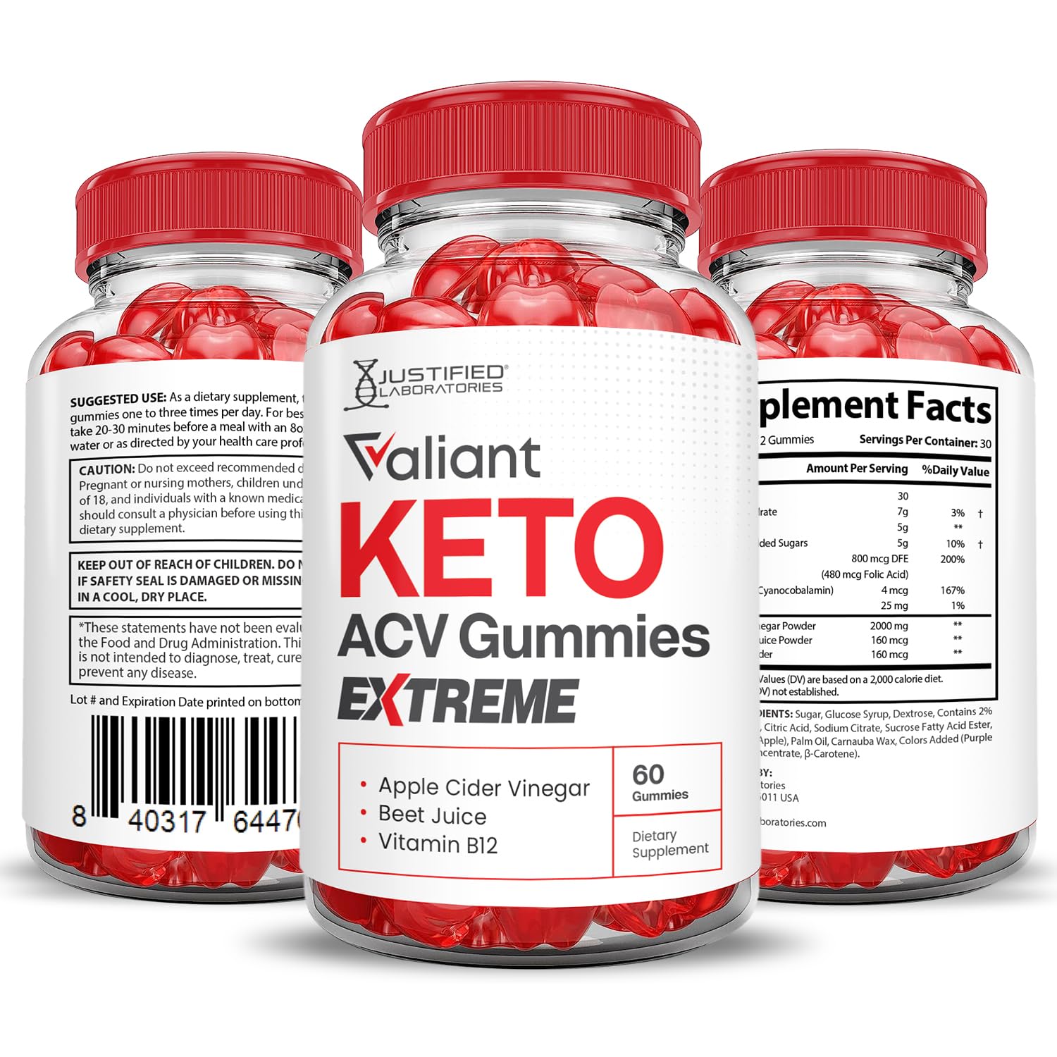 Justified Laboratories Valiant Keto ACV Gummies nutrition facts label close-up