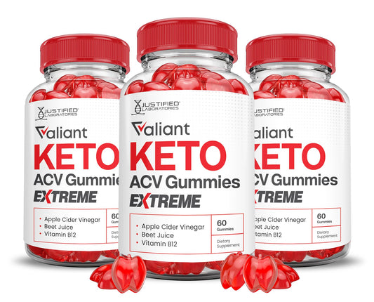 Justified Laboratories Valiant Keto ACV Gummies three-pack, front view, convenient daily dose