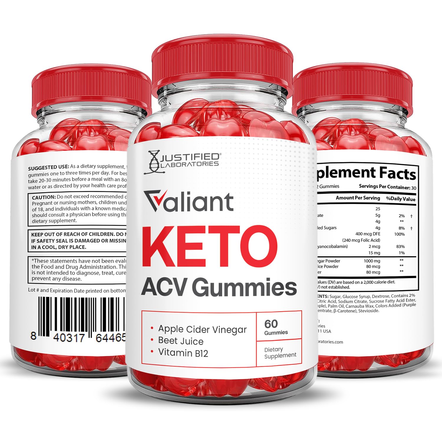 Justified Laboratories Valiant Keto ACV gummies serving suggestion with glass