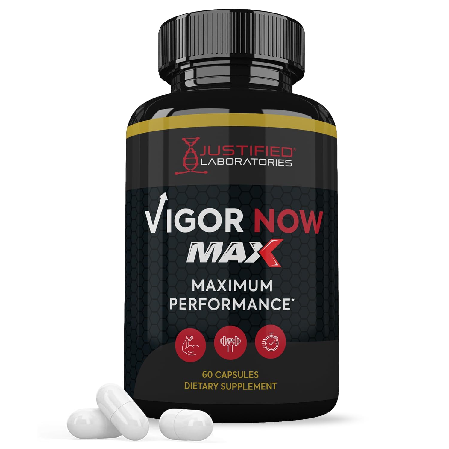 Justified Laboratories Vigor Now Max bottle, easy daily capsules for men's vitality support.