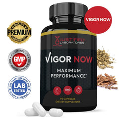 Justified Laboratories Vigor Now Max label close-up, emphasizes 1600MG potency per serving.