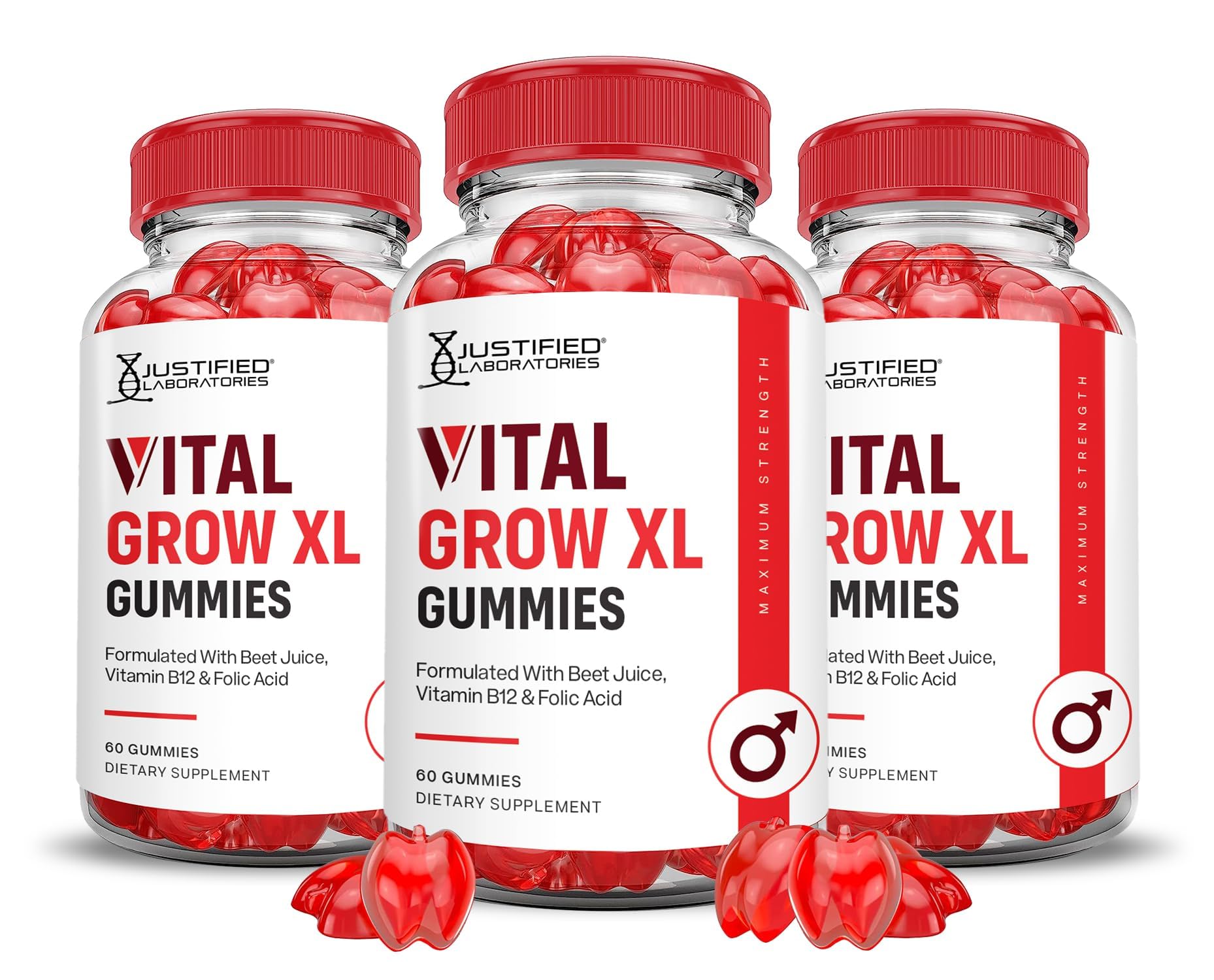 Justified Laboratories Vital Grow XL gummies bottle, tasty daily vitamins with 1000mg ACV per serving.