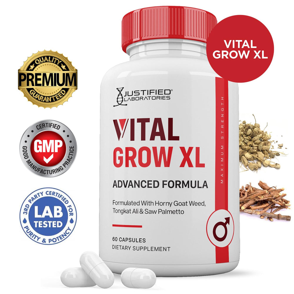 Justified Laboratories Vital Grow XL label close-up highlighting the 1484MG blend.
