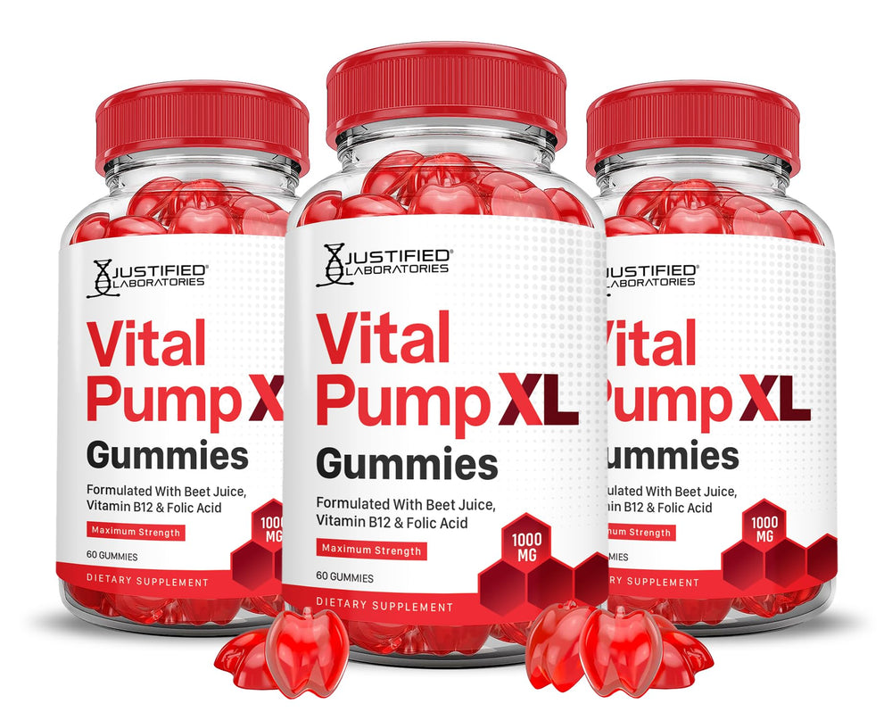 Justified Laboratories Vital Pump XL bottle visible with gummies, emphasizing easy daily use.