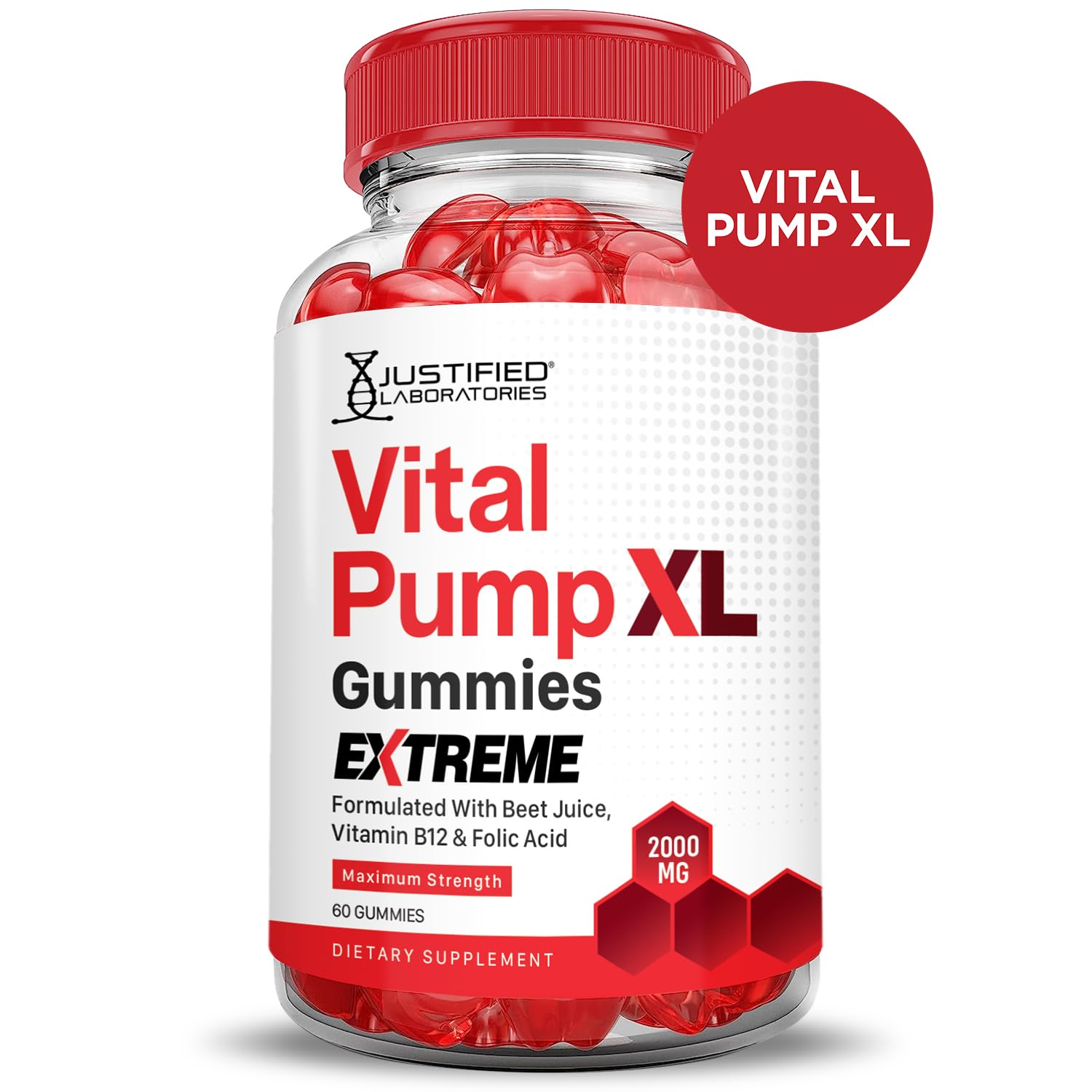 Justified Laboratories Vital Pump XL beet and pomegranate blend image highlights natural ingredients