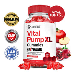 Justified Laboratories Vital Pump XL gummies close-up showing vibrant flavor and chewy texture
