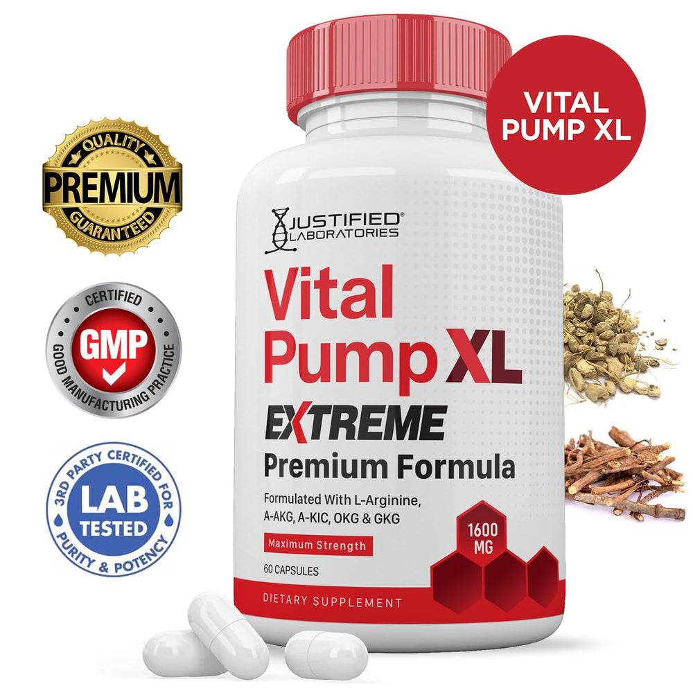 Justified Laboratories Vital Pump XL Extreme bottle back label with ingredients and usage