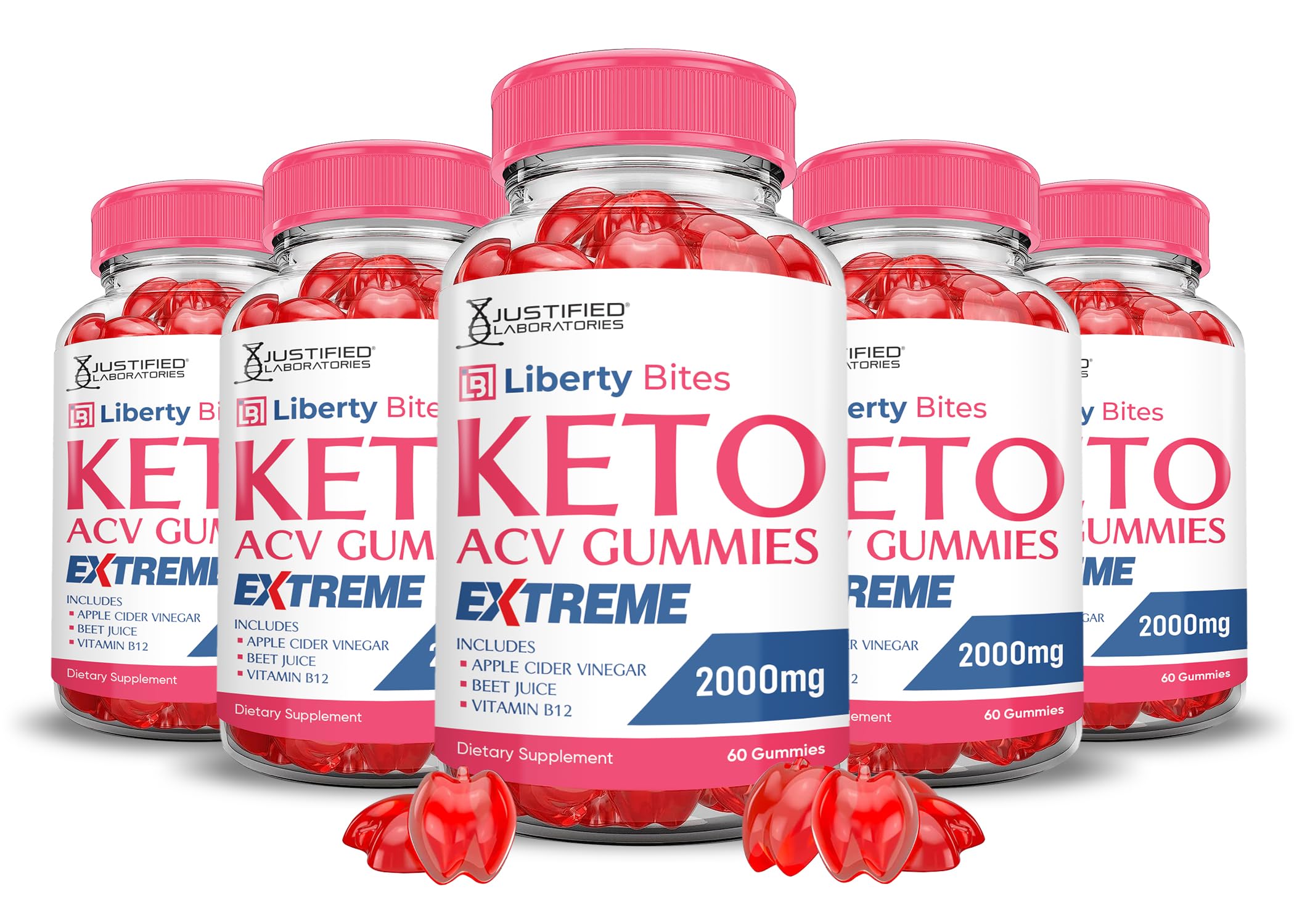 Justified Laboratories Liberty Bites Keto ACV Gummies bottle being poured for daily wellness.