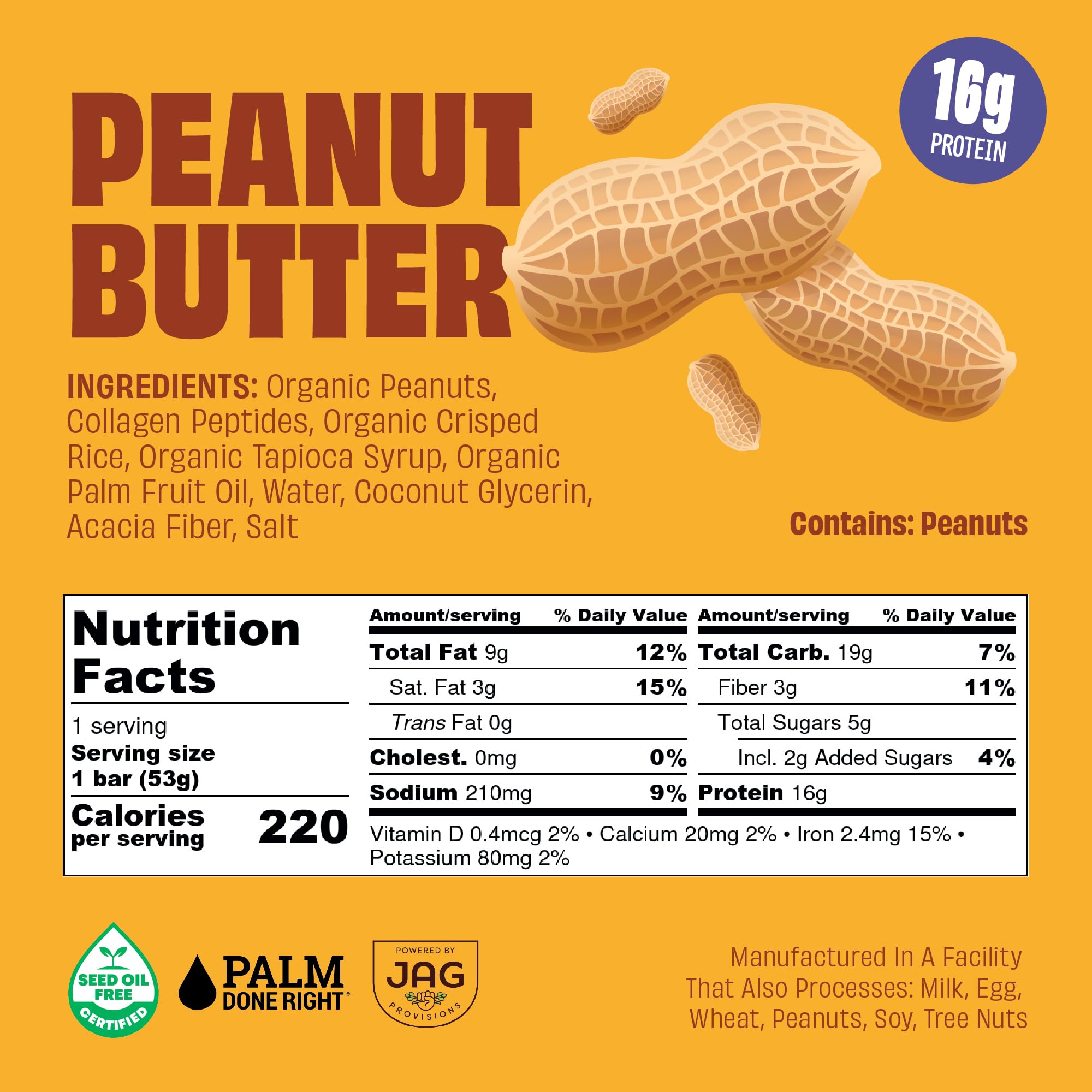 JUSTNOSH bar nutrition glance emphasizes 10g collagen and 15g protein per bar.