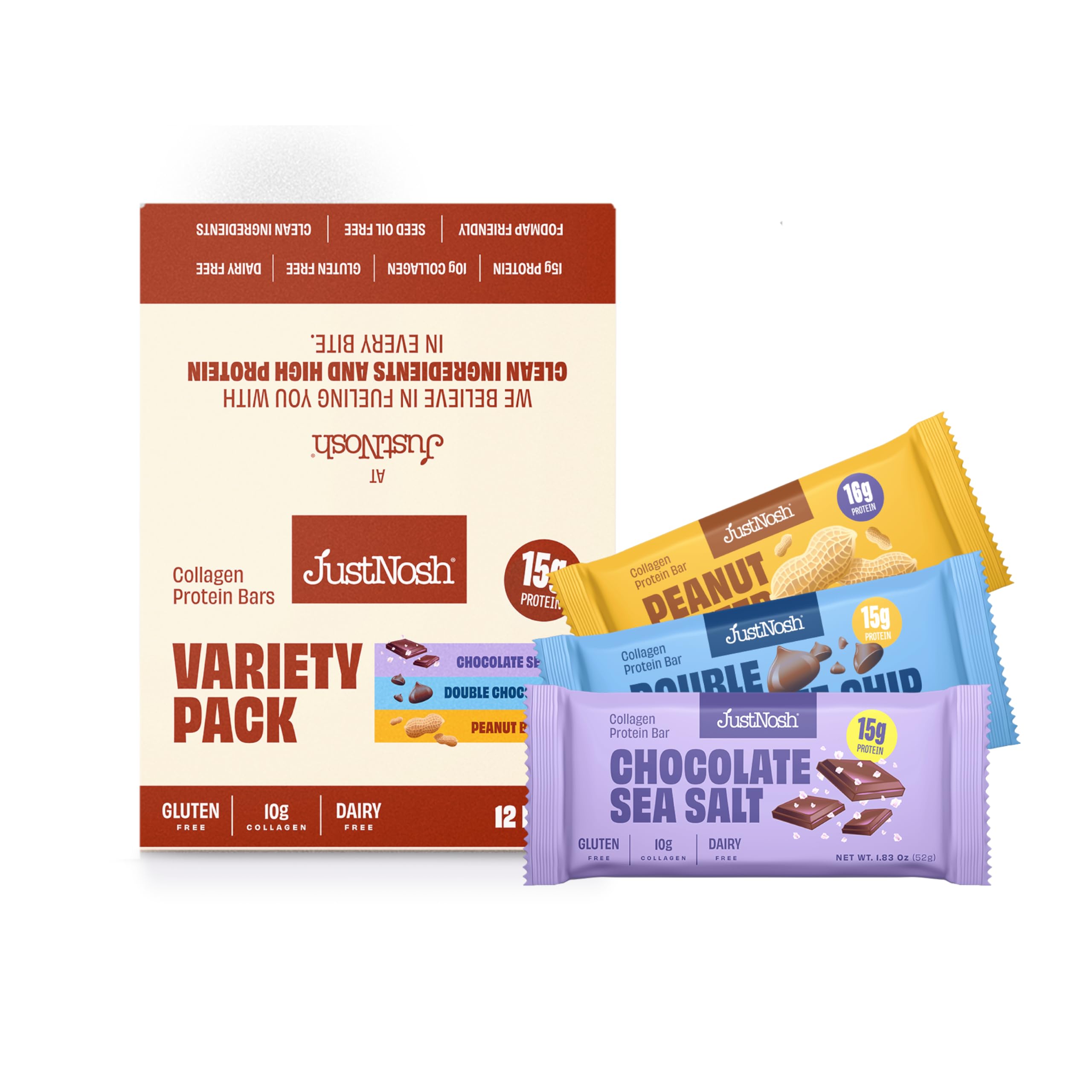 JUSTNOSH Chocolate Lover's Variety Pack bars close-up showing 15g protein for workouts.