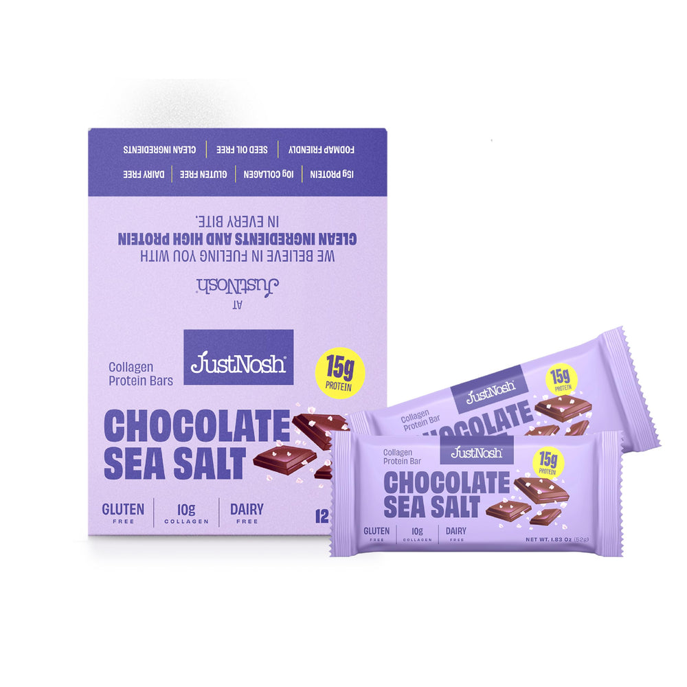 JUSTNOSH chocolate sea salt bar pack—protein-rich snack for workouts.