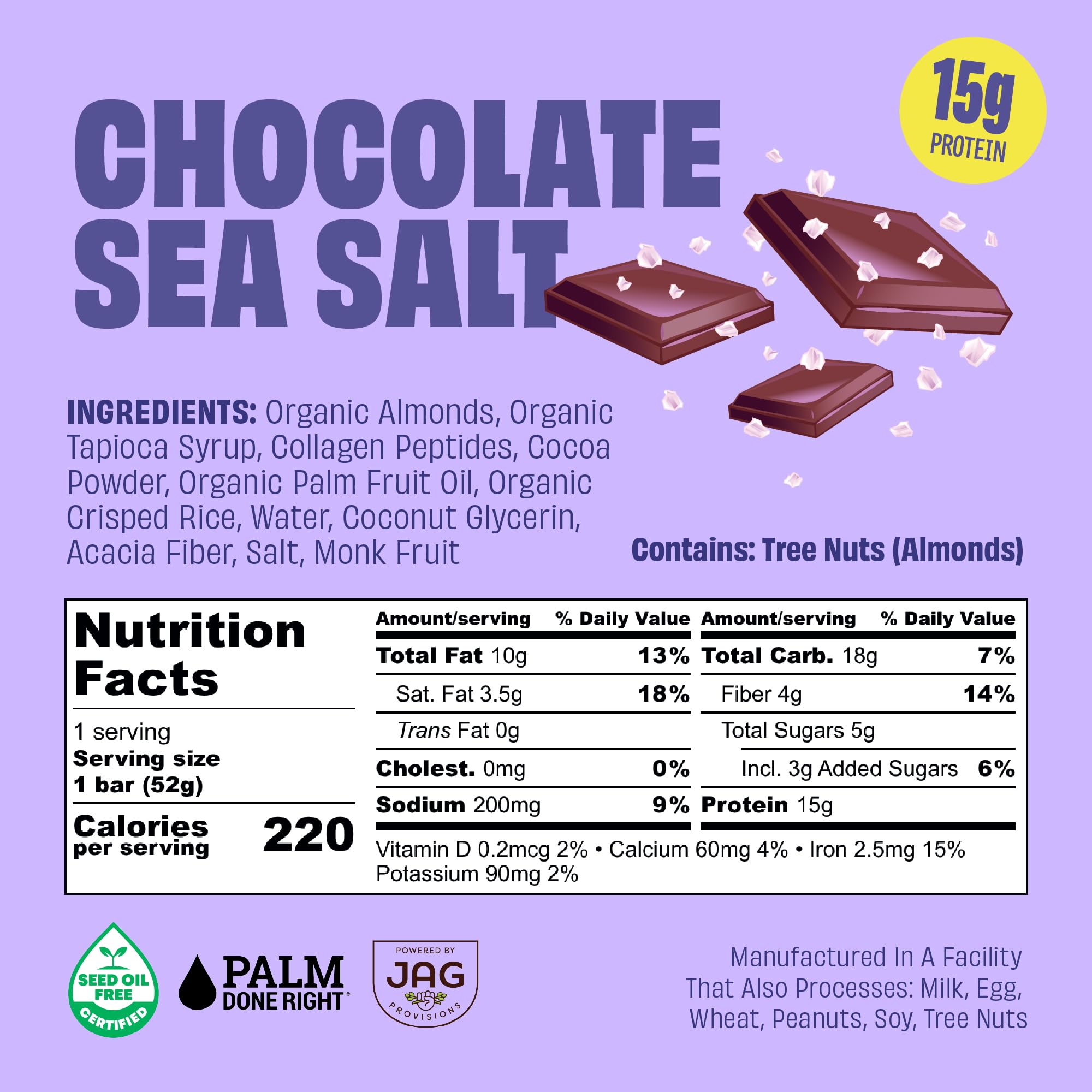 Texture close-up of JUSTNOSH chocolate sea salt bar showing chewy bite.