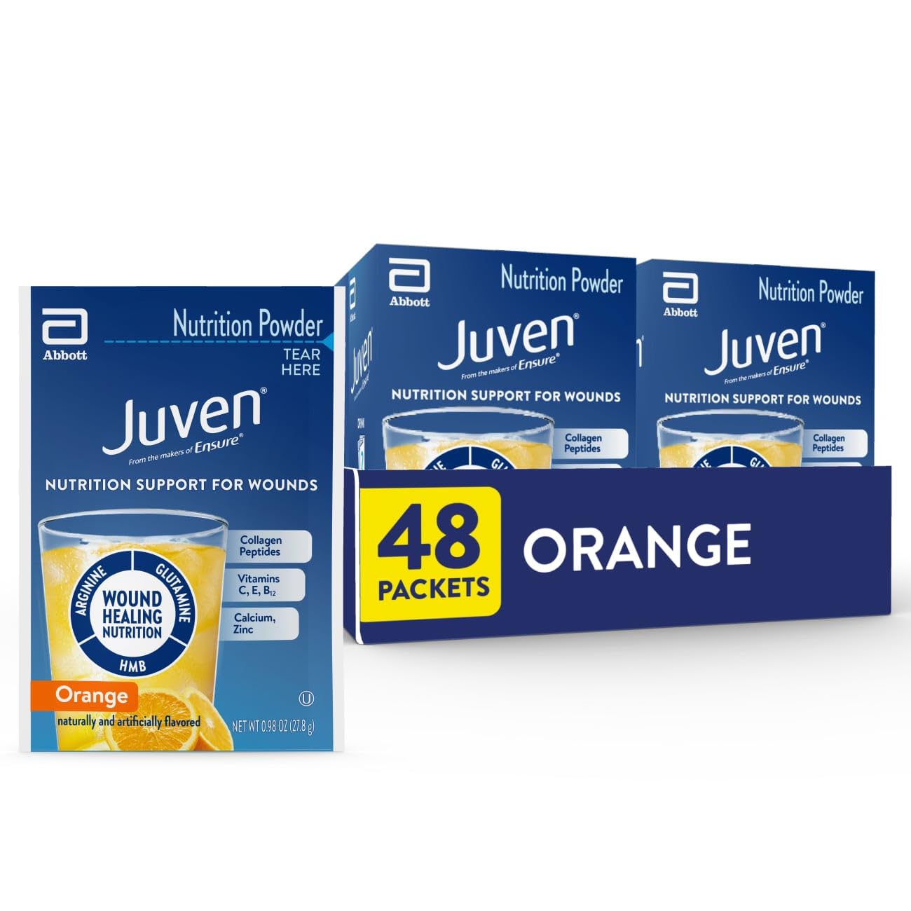 Juven orange packets front view for convenient wound-support nutrition
