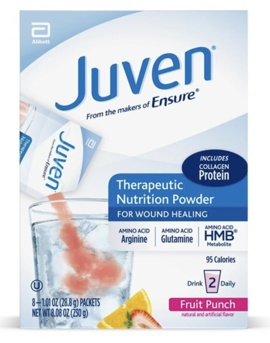 Juven fruit punch box showing eight packets for convenient daily use