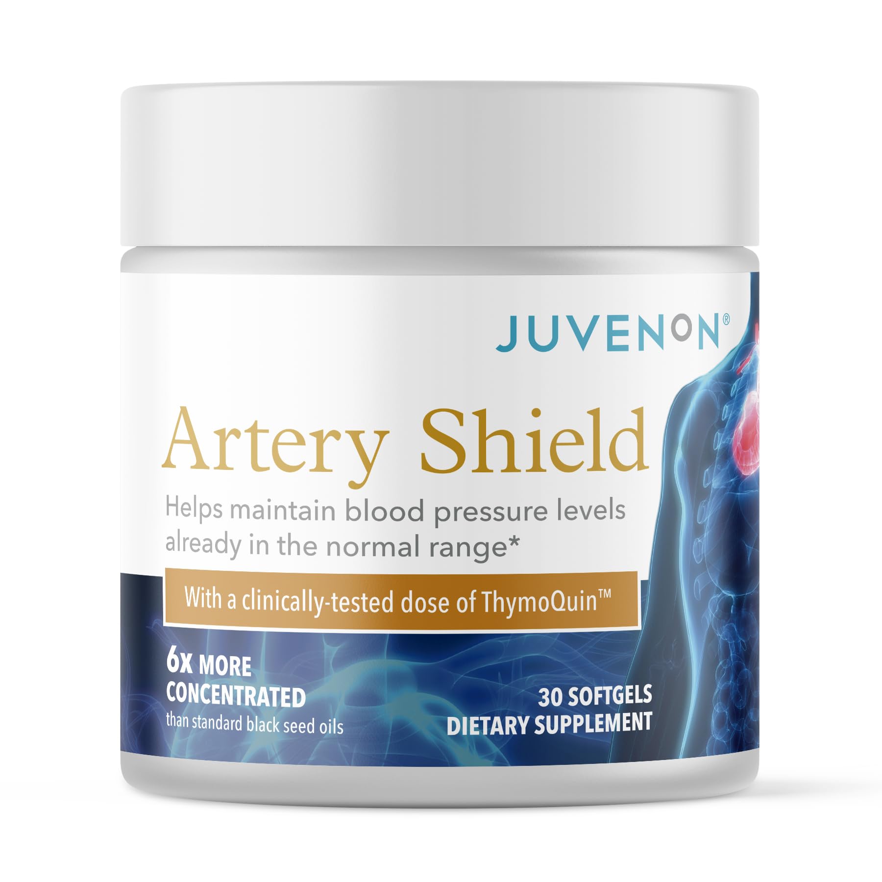 Juvenon Artery Shield bottle with label highlights circulation support and vitality.