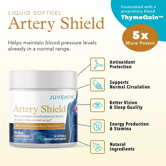 Juvenon Artery Shield capsules close-up illustrates convenient daily use.