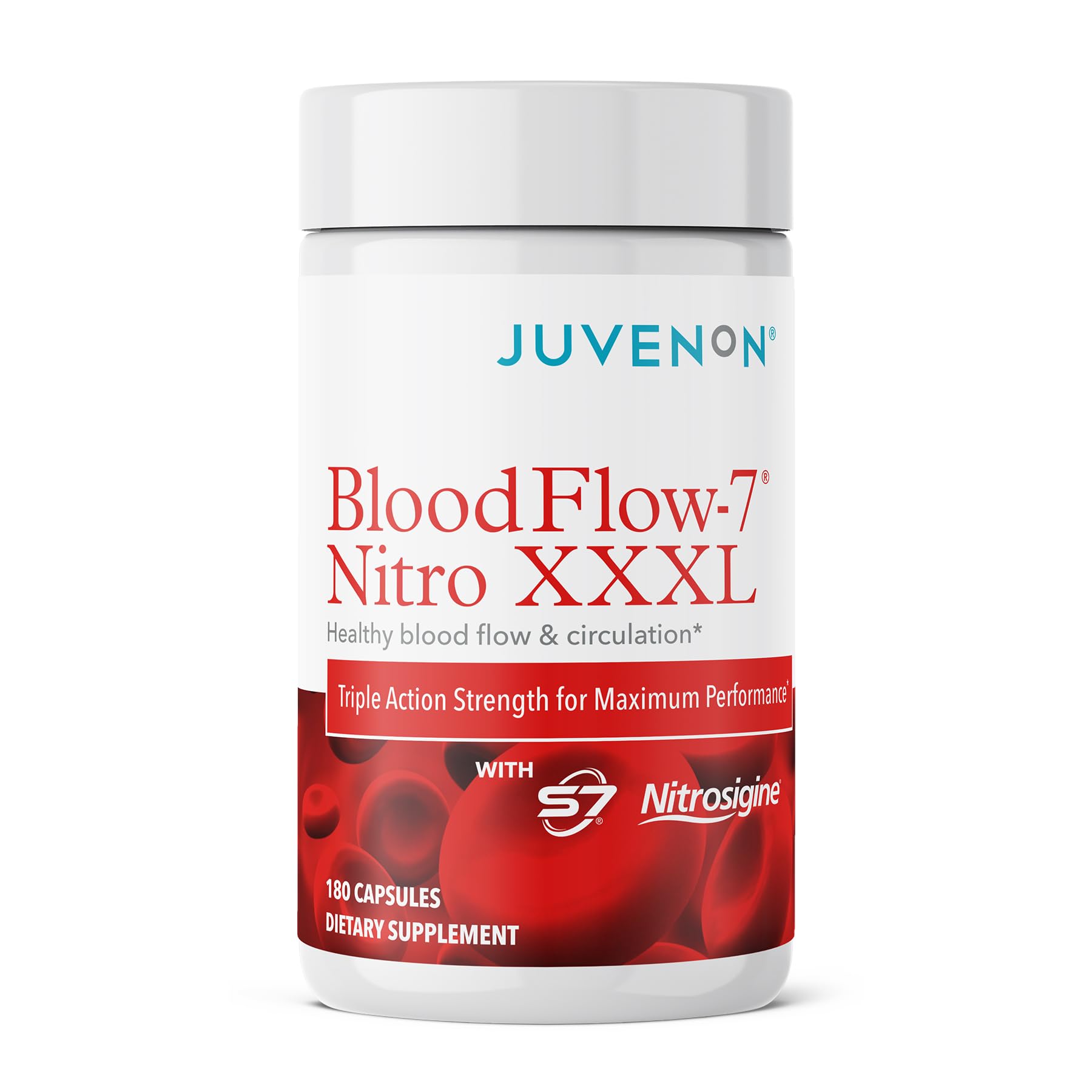 Juvenon BloodFlow-7 bottle close-up for daily use and premium packaging.