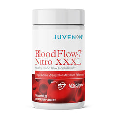 Juvenon BloodFlow-7 bottle close-up for daily use and premium packaging.