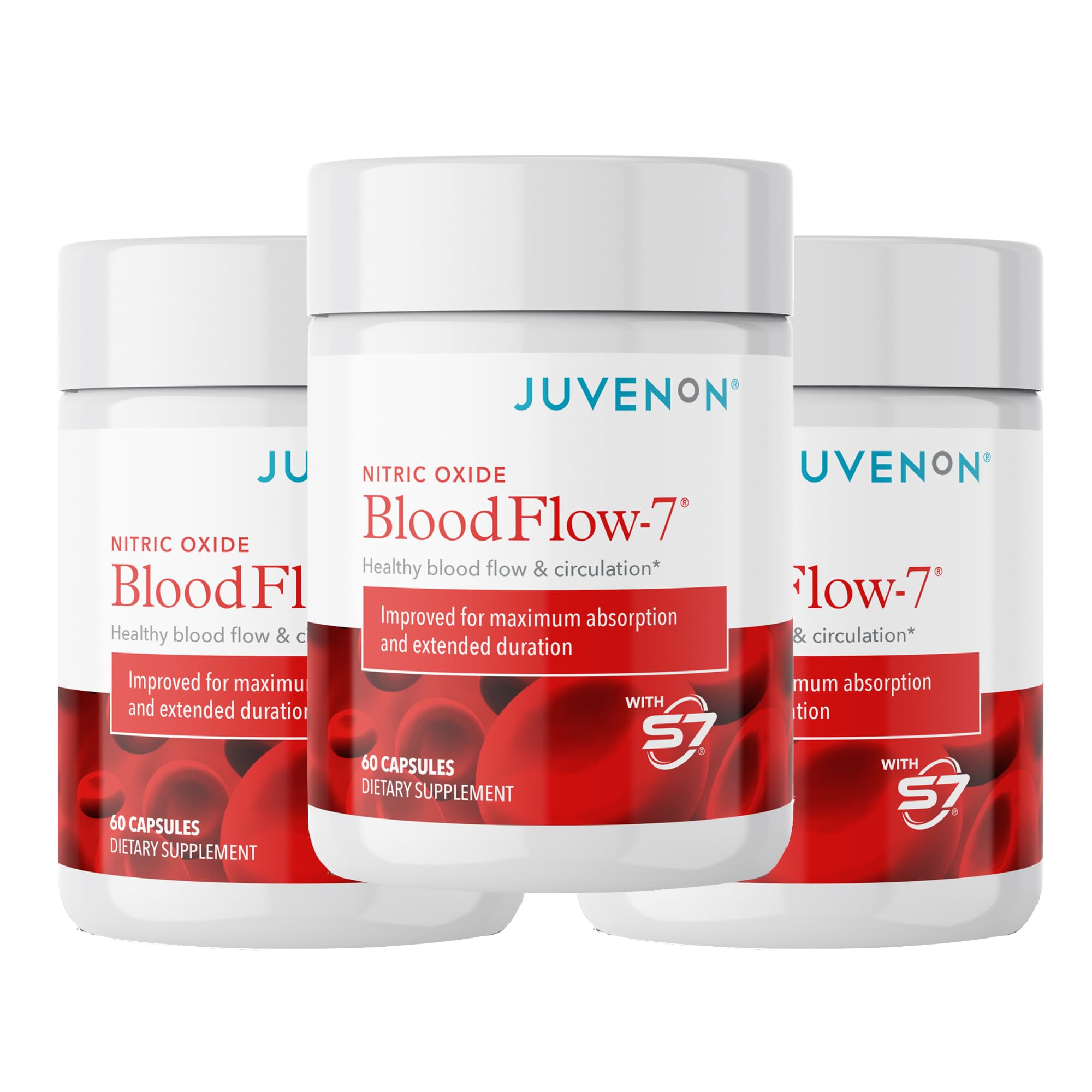 Juvenon BloodFlow-7 bottle front view highlighting nitric oxide support for workouts.
