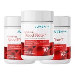 Juvenon BloodFlow-7 bottle front view highlighting nitric oxide support for workouts.