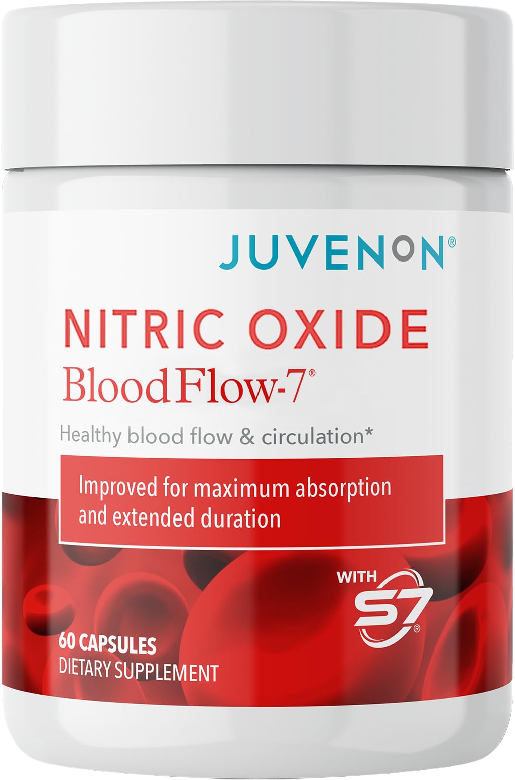 Juvenon BloodFlow-7 bottle pour demonstrates simple daily dosing for steady energy.