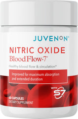 Juvenon BloodFlow-7 bottle pour demonstrates simple daily dosing for steady energy.