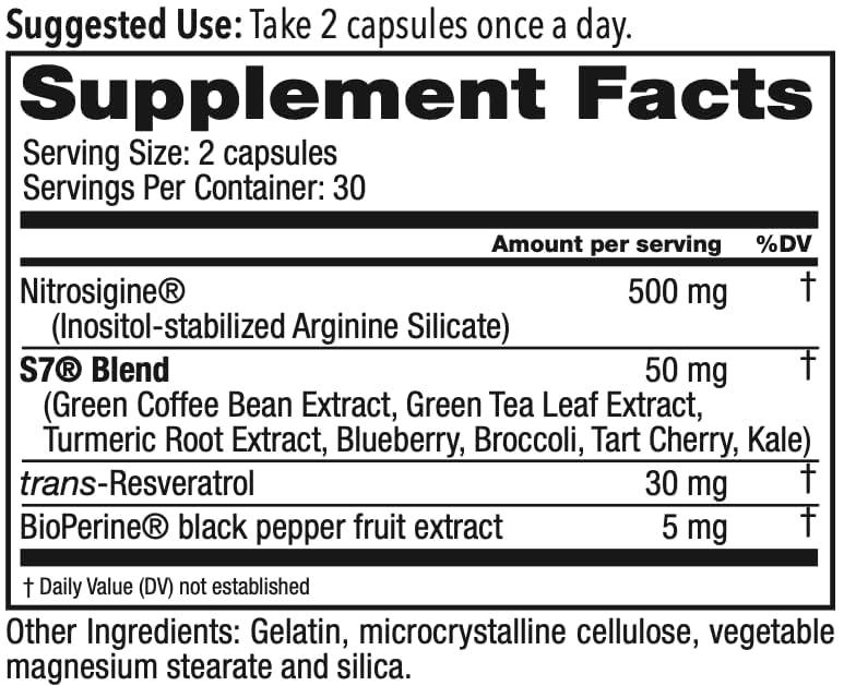 Juvenon BloodFlow-7 instructions card showing daily dosage guidance.