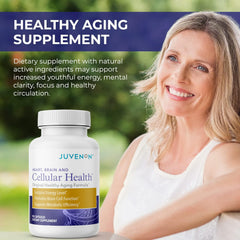 Juvenon Cellular Health capsules closeup shows small, easy-to-swallow pills for focus.