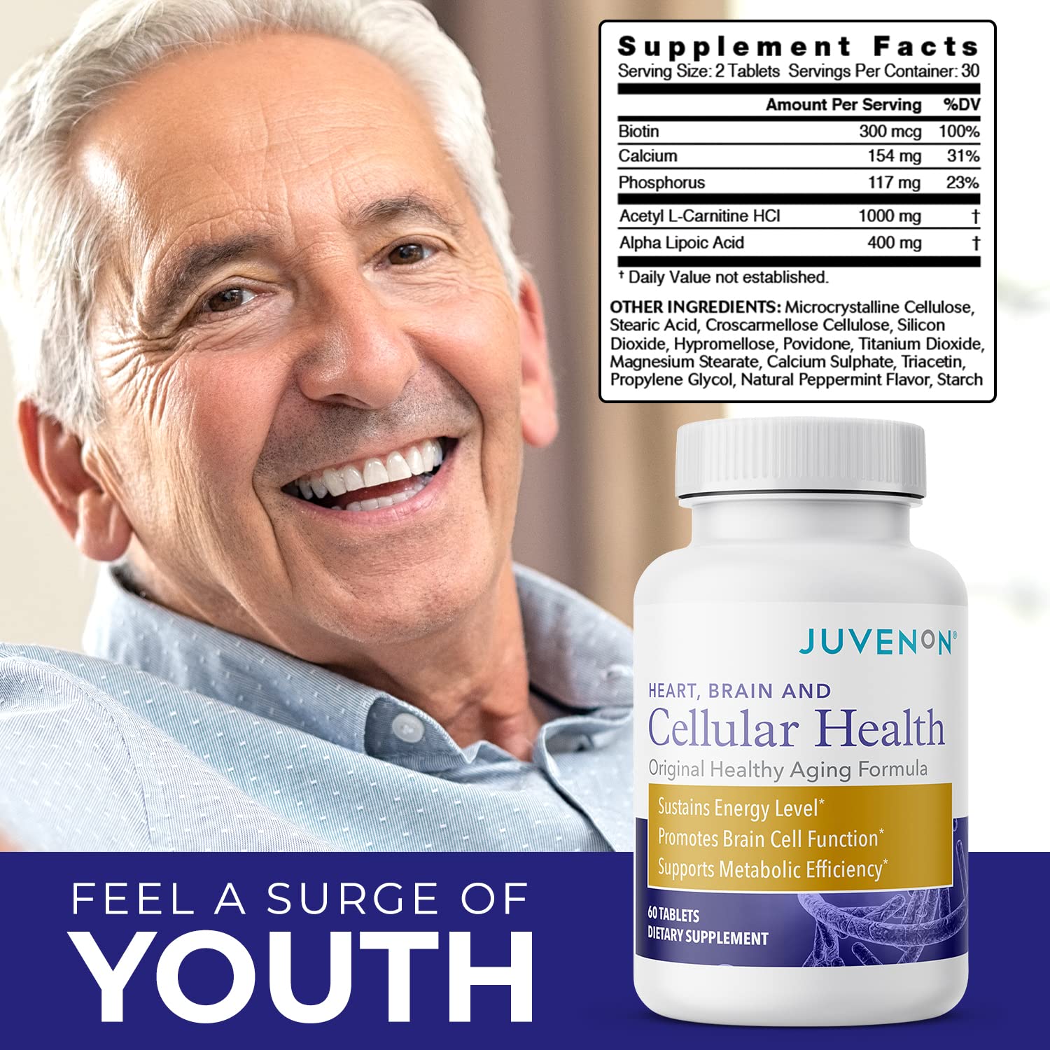 Juvenon Cellular Health packaging display featuring bottle and box.