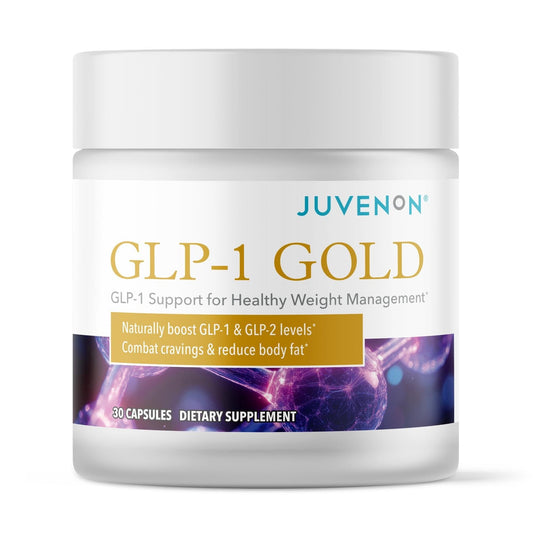 Juvenon GLP-1 Gold capsules close-up for precise daily support.
