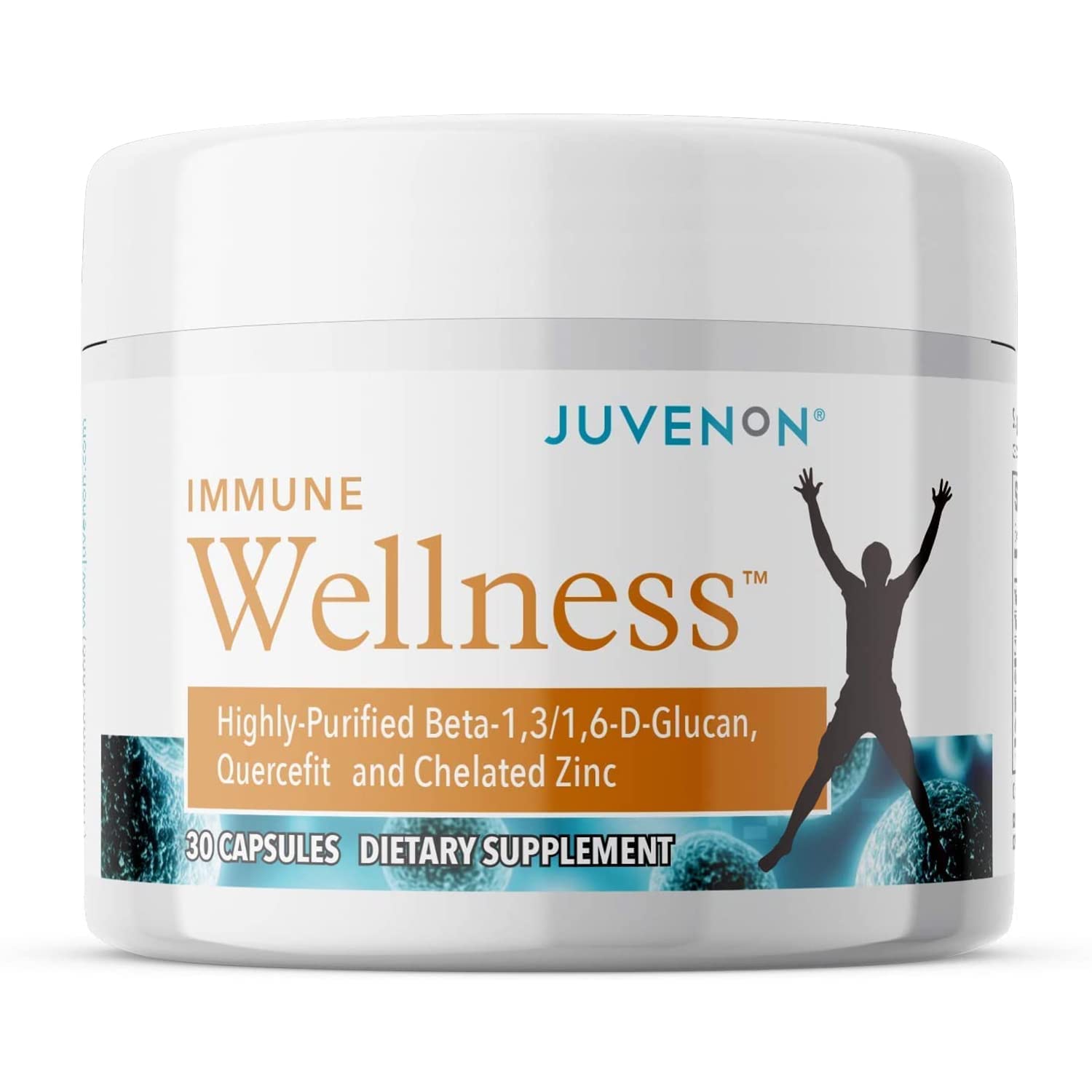 Juvenon Immune Wellness Defense bottle on wood, highlighting daily immune support.