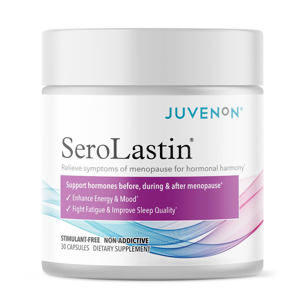 Juvenon menopause supplements bottle on table promoting balance and calm
