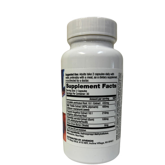 Juvenon Reprieve bottle front view highlighting fast-acting joint support potential.