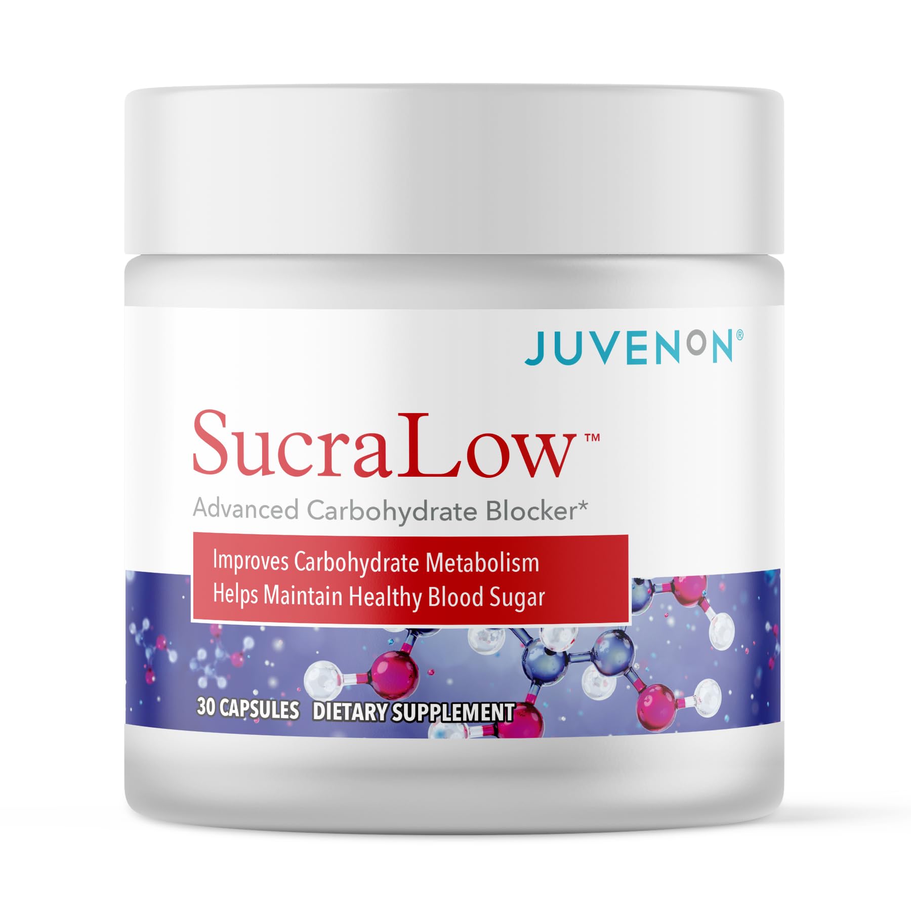 Juvenon SucraLow bottle pour promotes easy daily carbohydrate support.