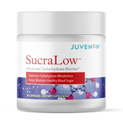 Juvenon SucraLow bottle pour promotes easy daily carbohydrate support.