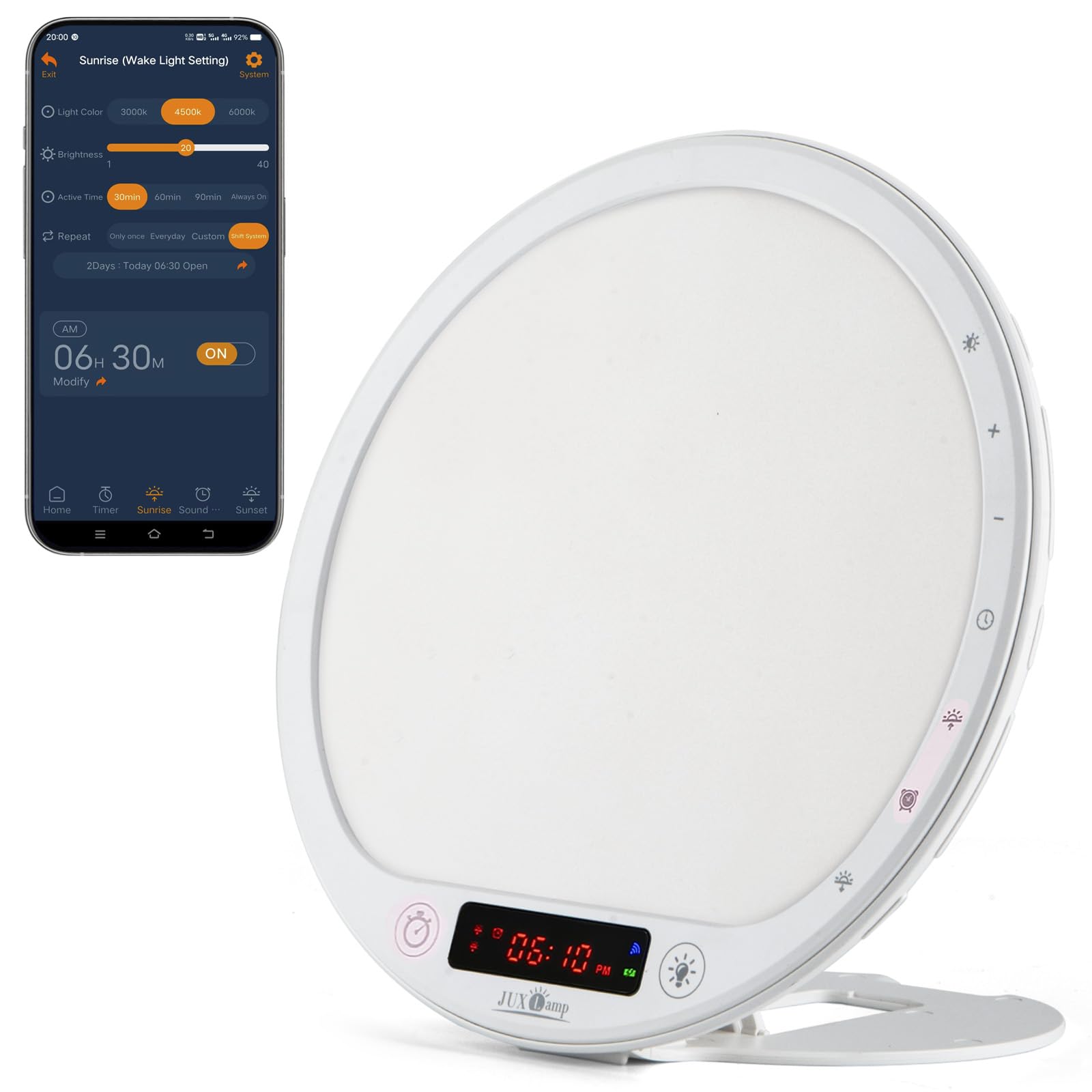 JUXLamp light therapy lamp with 10,000 lux for bright daytime exposure.