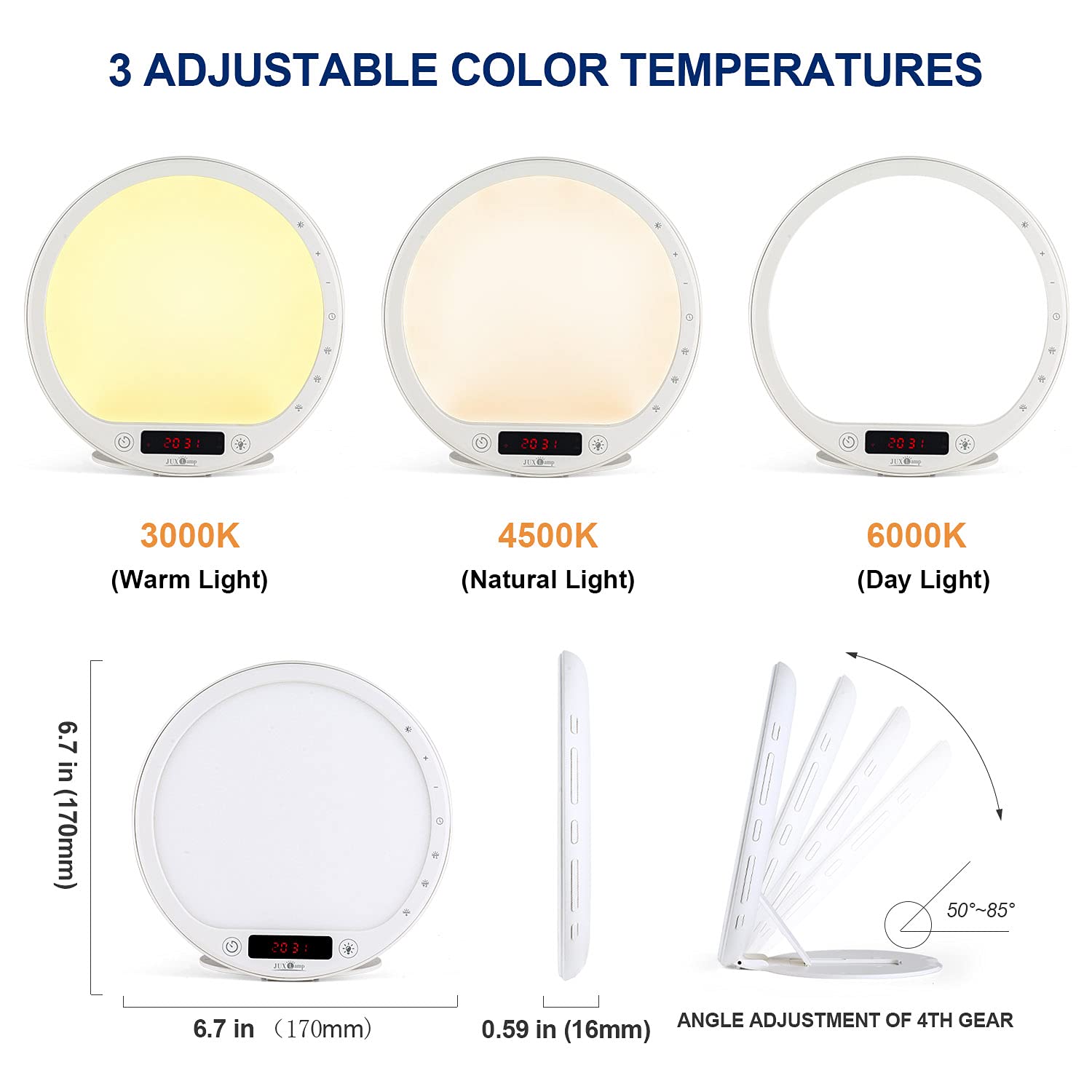 JUXLamp three color temperatures: cool, natural, and warm.