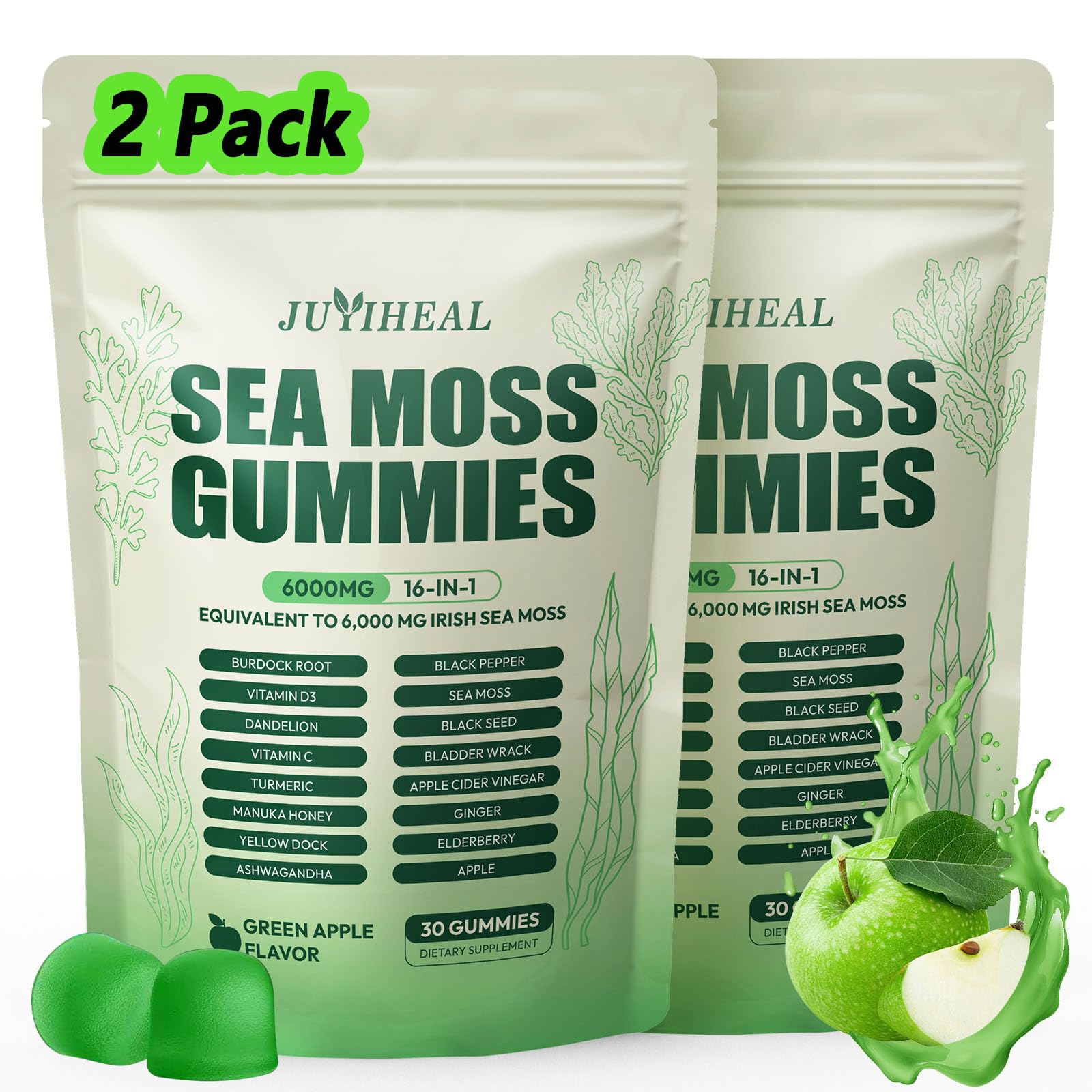 JUYIHEAL 16in1 Sea Moss gummies bottle front shows vegan energy support