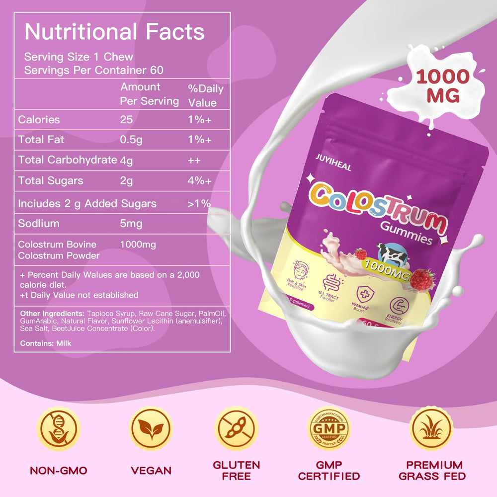 JUYIHEAL Colostrum Gummies raspberry bottle back; premium grass-fed nutrition for vitality.