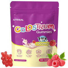 JUYIHEAL Colostrum Gummies raspberry bottle front; convenient daily immune support.